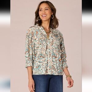 Democracy Elbow Sleeve Pintuck‎ Button Front Printed Woven Shirt, 2X NWT